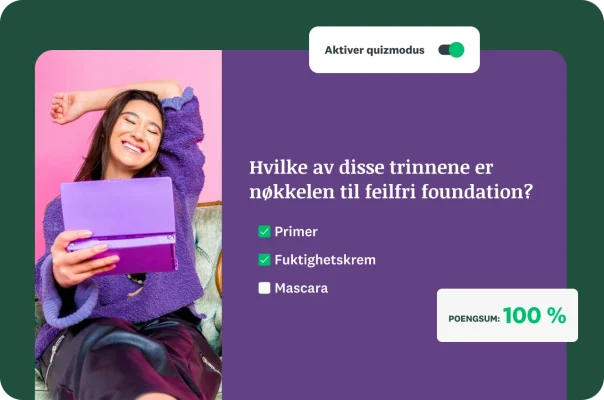 En smilende kvinne med et overlegg fra en flervalgsquiz for skjønnhetspleie i «Quiz-modus» med 100 % poengsum.