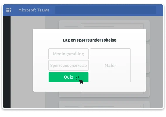 Skjermbilde av muligheten til å opprette en meningsmåling, spørreundersøkelse eller quiz i Microsoft Teams