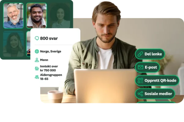 En mann som jobber på en bærbar PC, med overlegg som viser målrettet respondentdemografi og alternativer for deling av spørreundersøkelsen med nettlenke, e-post, QR-kode eller sosiale medier.