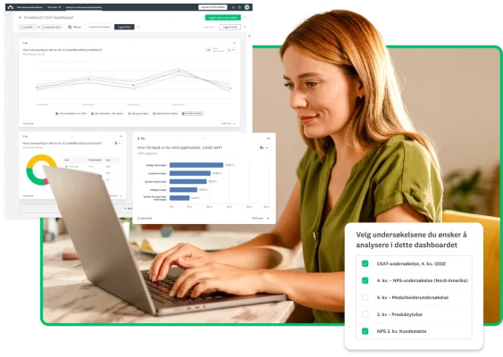 Kvinne som skriver på en bærbar datamaskin, ved siden av skjermbilde av analyser og grafer som viser resultater fra flere spørreundersøkelser samtidig
