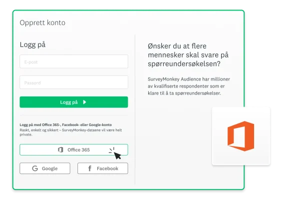 Skjermbilde av SSO-muligheter for SurveyMonkey ved bruk av Office 365-pålogging