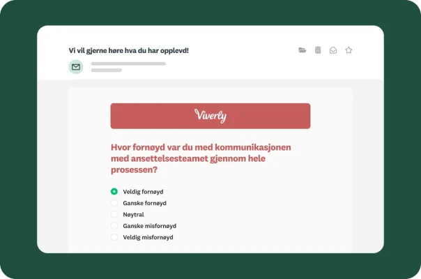 En forhåndsvisning via e-post av en spørreundersøkelse om søkertilfredshet angående kommunikasjon under ansettelsesprosessen.
