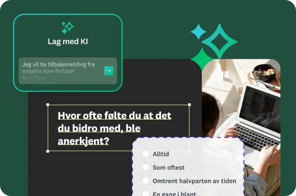 En person på en bærbar PC med et overlegg som viser en KI-instruks og et flervalgsspørsmål i en spørreundersøkelse.