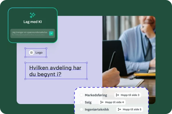 Bilde av et pågående kandidatintervju med et grafisk overlegg av en spørreundersøkelse som viser betinget forgrening for valg av avdeling.