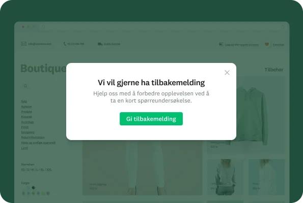Modalvindu på et nettsted som ber spørreundersøkelse om tilbakemelding ved å ta en kort spørreundersøkelse