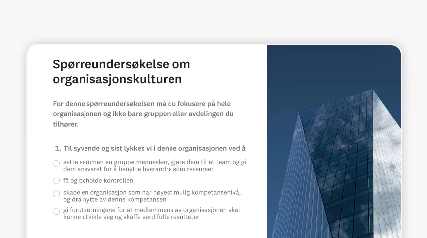 Skjermbilde av SurveyMonkeys mal for spørreundersøkelse om organisasjonskultur