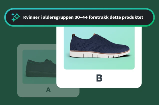 Bilde av to ulike joggesko merket A og B, med innsikt om at kvinner i aldersgruppen 30–44 foretrakk produkt B