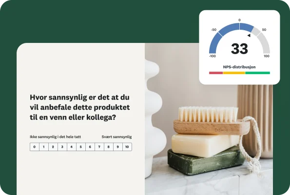 Et bilde av to såpestykker og en neglebørste. Et skjema på toppen spør: «Hvor sannsynlig er det at du vil anbefale dette produktet til en venn eller kollega?» med en vurderingsskala fra 0–10. En NPS-poengmåler viser poengsummen 33.