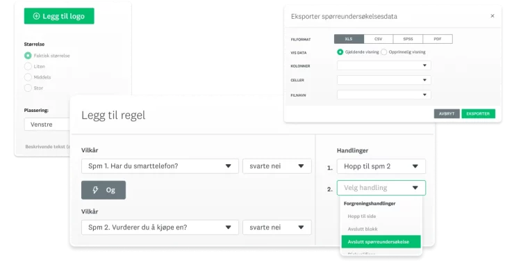 Skjermbilder av dataeksport og forgreningsfunksjoner i SurveyMonkey