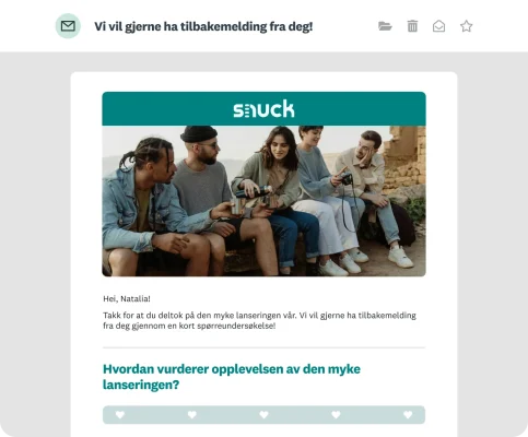En personlig tilpasset e-postinvitasjon til et myklanseringsarrangement for snuck, med et bilde og kundens navn.