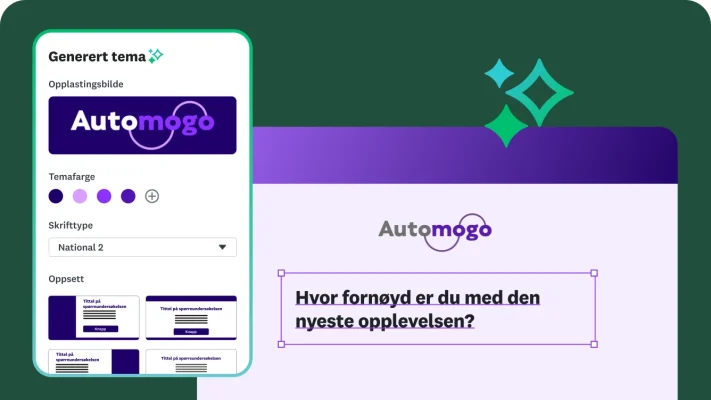 Et grensesnitt for utforming som viser hvordan man lager et egendefinert spørreundersøkelsestema. Det inneholder alternativer for å laste opp en logo og velge farger. Forhåndsvisningen viser et spørsmål: «Hvor sannsynlig er det at du kommer tilbake for fremtidig reparasjon eller vedlikehold?» med firmalogoen «Automogo».