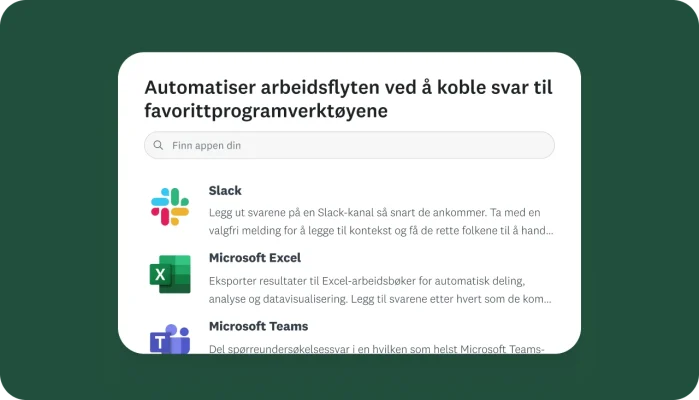 Skjermbilde av ulike SurveyMonkey-integreringer, inkludert Slack, Microsoft Excel og Microsoft Teams