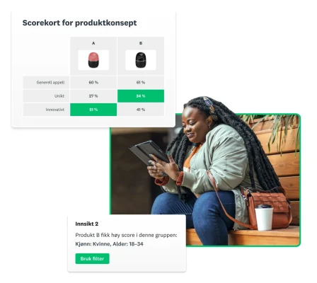 Sittende kvinne som ser på et nettbrett, ved siden av to skjermbilder av SurveyMonkeys løsninger for konsepttesting og innsikt