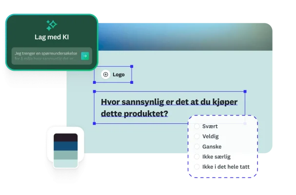 Et brukergrensesnitt for å lage spørreundersøkelser med KI. En tekstboks foreslår å lage en spørreundersøkelse for å «måle hvor sannsynlig det er at kunder» vil kjøpe et produkt. Spørreundersøkelsesskjemaet viser et spørsmål som spør: «Hvor sannsynlig er det at du ville kjøpt dette produktet?» med en fempunkts-skala.