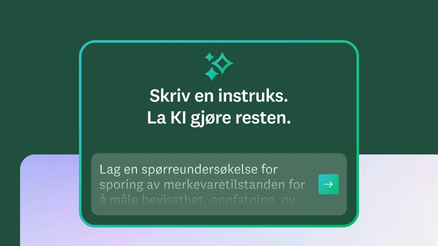 En modal som ber brukeren skrive en instruks og la KI gjøre resten. I instruksen står det: Lag en spørreundersøkelse for sporing av merkevaretilstanden for å måle bevissthet, oppfatning, overveielse og