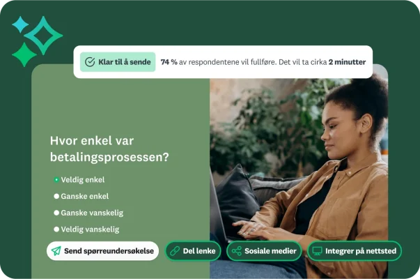 Kvinne som skriver på bærbar PC, ved siden av undersøkelsesspørsmål om hvor enkel den nettbaserte betalingsprosessen var, med innsikt som sier at spørreundersøkelsen er klar til å sendes, og at 74 % av respondentene vil fullføre den
