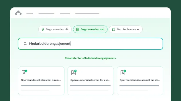Søkeboks med alternativet «Start med en mal», og «medarbeiderengasjement» er skrevet inn