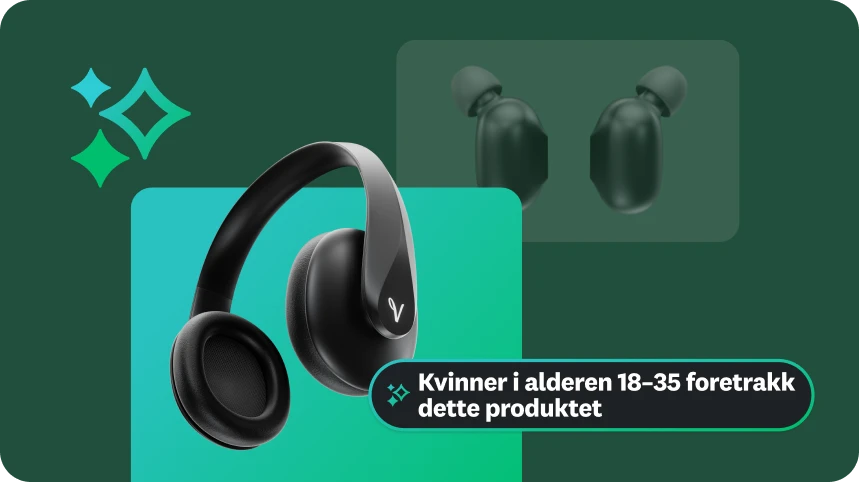 Et bilde av sorte hodetelefoner. En tekstboks ligger oppå bildet, med teksten: «Kvinner i alderen 18–35 foretrekker dette produktet», som fremhever spesifikk innsikt.