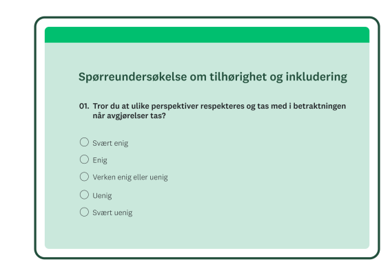 Spørreundersøkelse om tilhørighet og inkludering med flervalgsspørsmålet: Tror du at ulike perspektiver respekteres og tas med i betraktningen når avgjørelser tas?