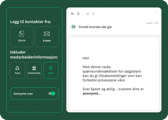 En skjerm som viser alternativer for å sende en spørreundersøkelse via e-post med kontakter fra en CSV-fil eller e-postadresser, inkludert medarbeiderinformasjon som team, ansiennitet og sted, med en skyvebryter for anonyme svar.