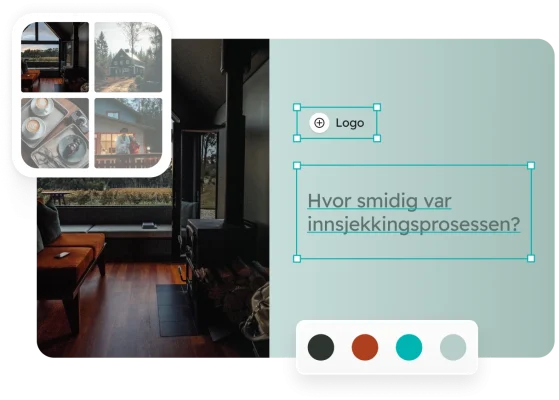 Et bilde av interiøret i ei hytte med et overlegg som viser utformingsalternativer for spørreundersøkelsen (logo, bildesamling, fargepalett) og et spørsmål om innsjekkingsprosessen.