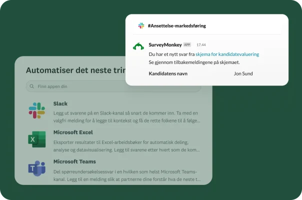 Et skjermbilde som viser et Slack-varsel fra SurveyMonkey om et nytt svar på et skjema. Nedenfor vises en meny med alternativer for å integrere med Slack, Microsoft Excel og Microsoft Teams.