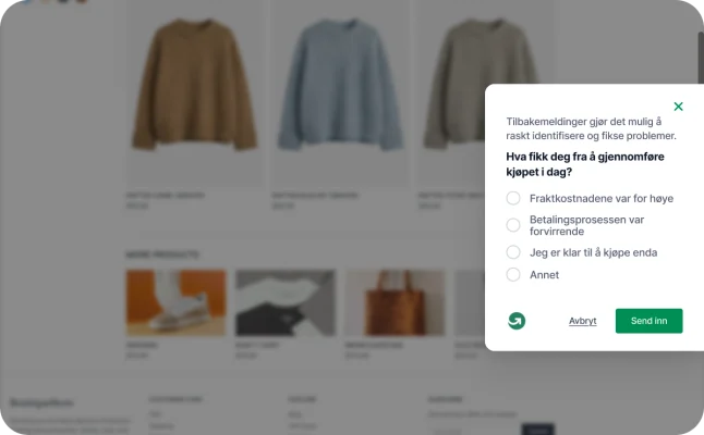 En produktkatalogside for netthandel som viser en utløst forlatelelsesundersøkelse fra GetFeedback, som spør hvorfor brukeren går sin vei uten å kjøpe noe
