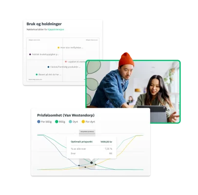 To personer ser på en skjerm sammen, ved siden av to skjermbilder av SurveyMonkeys løsninger for prisoptimalisering og bruk og holdninger