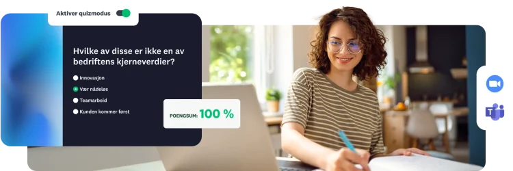 En kvinne som jobber på en bærbar datamaskin med et overlegg som viser en quiz om bedriftsverdier i «Quiz-modus» med en poengsum på 100 %.
