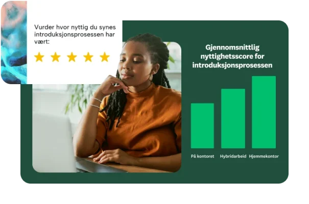 En kvinne ved en pult med en bærbar PC med et popup-vindu som viser et stolpediagram for vurdering av introduksjonensprogrammet og et rangeringsspørsmål.