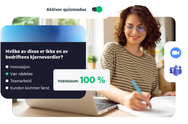 En kvinne som jobber på en bærbar datamaskin med et overlegg som viser en quiz om bedriftsverdier i «Quiz-modus» med en poengsum på 100 %.
