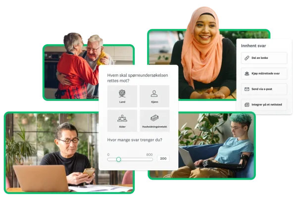Et eldre par som danser, en smilende person som er iført rosa hijab, en yngre person med armprotese som bruker en datamaskin, og en eldre person med briller som ser på telefonen sin. Ved siden av dem et det et skjermbilde der det står: «Hvem vil du rette undersøkelsen mot?», «Hvor mange respondenter trenger du?» og alternativer for innsamling av spørreundersøkelsessvar