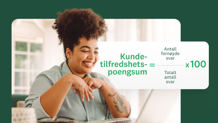 En smilende kvinne med en bærbar PC, med et grafisk overlegg som viser formelen for å beregne kundetilfredshetspoengsummen: (Antall fornøyde svar / totalt antall svar) x 100.