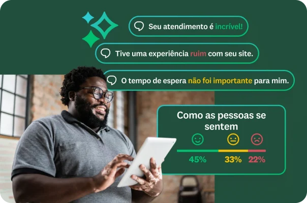 Homem de barba e óculos sorrindo olhando para a tela do tablet. Balões de conversa sobrepostos mostram feedback de clientes, como “Seu atendimento é incrível!” e “Tive uma experiência ruim no seu site”. O gráfico abaixo mostra a divisão de sentimentos com porcentagens.