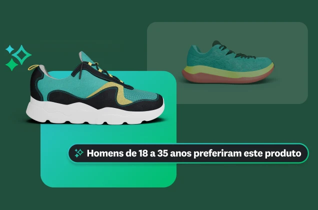 Um gráfico mostrando dois tênis de corrida diferentes. Uma caixa de texto diz “Homens entre 18 e 35 anos preferiram este produto”, indicando um insight demográfico.