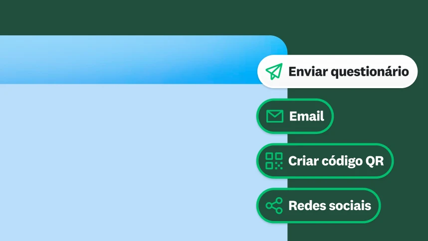 Menu mostrando opções para enviar uma pesquisa por email, código QR ou redes sociais.