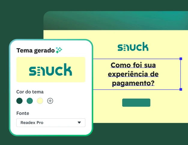 Tela de criação de questionário mostrando um tema gerado com base no logotipo da Snuck, com opções para selecionar as cores e as fontes do tema.