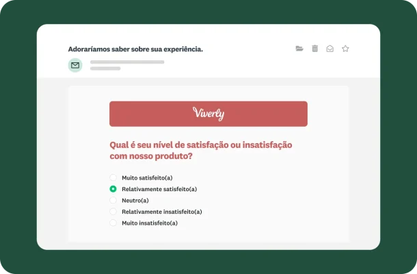 Um email com uma pesquisa de satisfação de clientes da “Viverly”. A pesquisa mostra a pergunta “Qual é o seu nível de satisfação ou insatisfação com nosso produto?” com uma escala de cinco pontos.