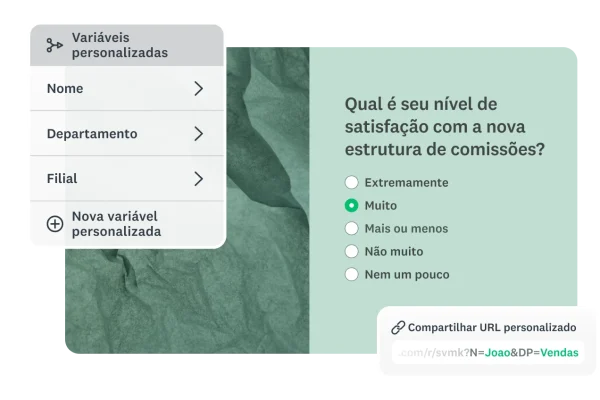 Tela mostrando como usar variáveis personalizadas (nome, departamento, filial) para personalizar um URL da pesquisa para capturar dados de respondentes automaticamente.
