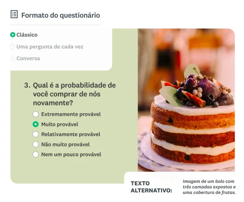 Tela de pesquisa com a imagem de um bolo com texto alternativo, além de opções de formato (“Clássico”, “Uma pergunta de cada vez” e “Conversa”).