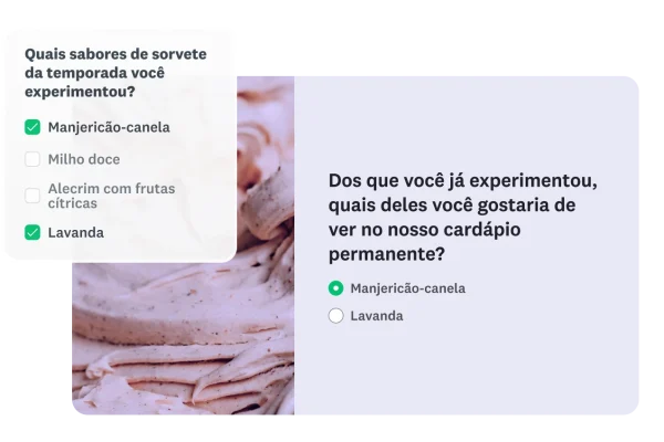 Pesquisa demonstrando a lógica de transporte de resposta, em que os sabores de sorvete da temporada selecionados (manjericão-canela, lavanda) aparecem na pergunta de aprofundamento seguinte.