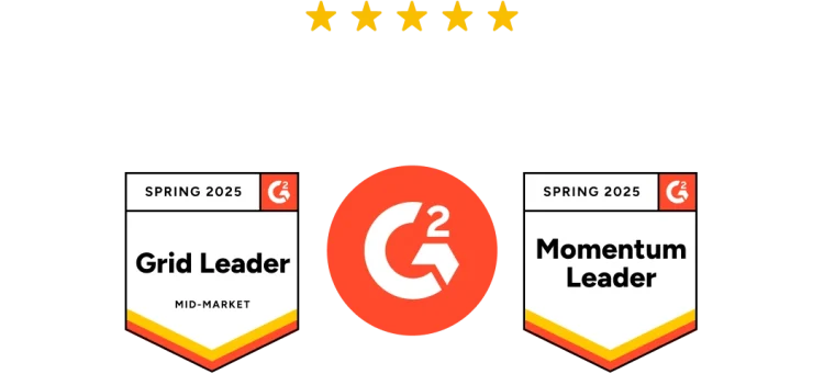 Dois emblemas do G2 de “Líder de setor” e “Líder de momento” do 1º trimestre de 2025.