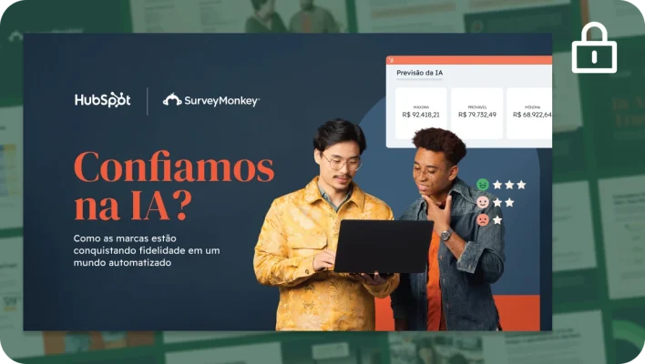 Slide de apresentação com o título “Confiamos na IA? Como as marcas estão conquistando fidelidade em um mundo automatizado”, uma foto de dois homens olhando para um laptop, um gráfico de previsão da IA e avaliações de sentimentos de clientes.