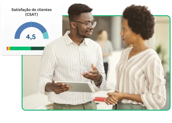 Colaborador segurando um tablet e discutindo os resultados de uma pesquisa com uma colaboradora. Ao lado deles, uma imagem mostrando uma escala do índice de satisfação de clientes (CSAT) com o índice 4,5.
