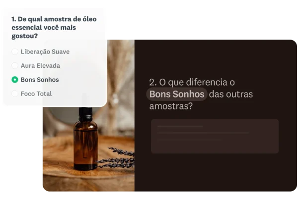 Pesquisa demonstrando um transporte de resposta avançado, em que selecionar a amostra de óleo essencial “Bons Sonhos” leva a uma pergunta de aprofundamento que menciona “Bons Sonhos”.