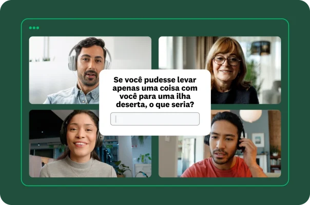 Captura de tela de uma chamada de vídeo com quatro pessoas. Um pop-up de enquete perguntando "O que você levaria para uma ilha deserta?"