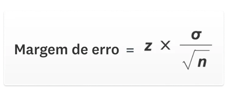 A fórmula da margem de erro é o índice z, multiplicado pelo desvio padrão da população, dividido pela raiz quadrada do tamanho da amostra.