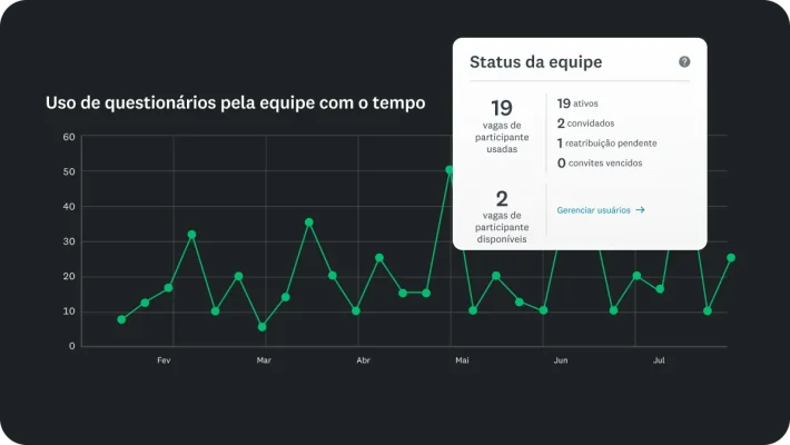 Gráfico intitulado “Uso de questionários pela equipe com o tempo” ao lado de uma tabela com o status da equipe, com 19 vagas de participante usadas e 2 disponíveis.