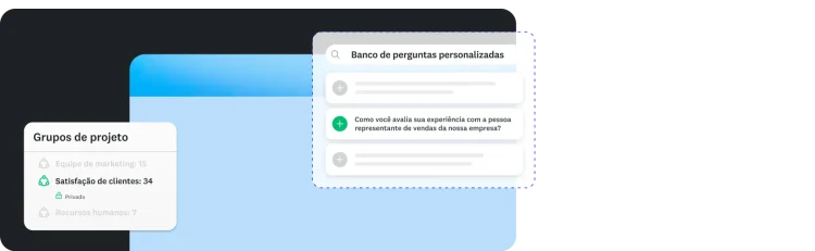 Janela modal de grupos de projeto e do banco de perguntas personalizadas mostrando diferentes perguntas de questionários.