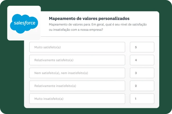 Tela mostrando como mapear valores personalizados de uma pergunta de pesquisa de satisfação para campos do Salesforce.